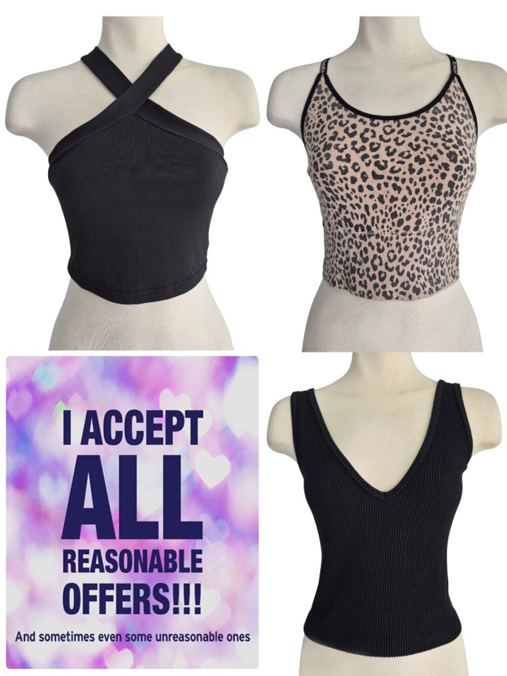 Lot of 3 Crop Tank Tops - Black / Animal Print Different Styles All Stretchy S